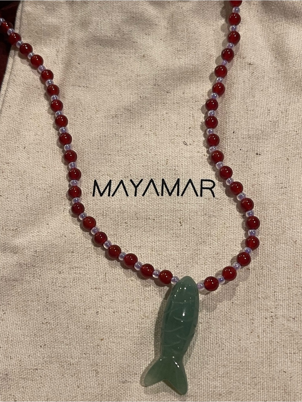 Mayamar Green Fish Pendant Necklace with Red & Purple Beads